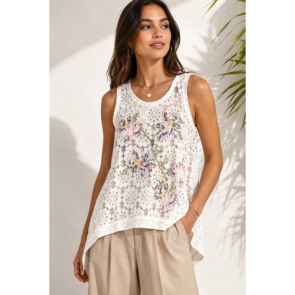 Pascal Millet Embroidered Lace Tank Top White Floral Crochet Boho